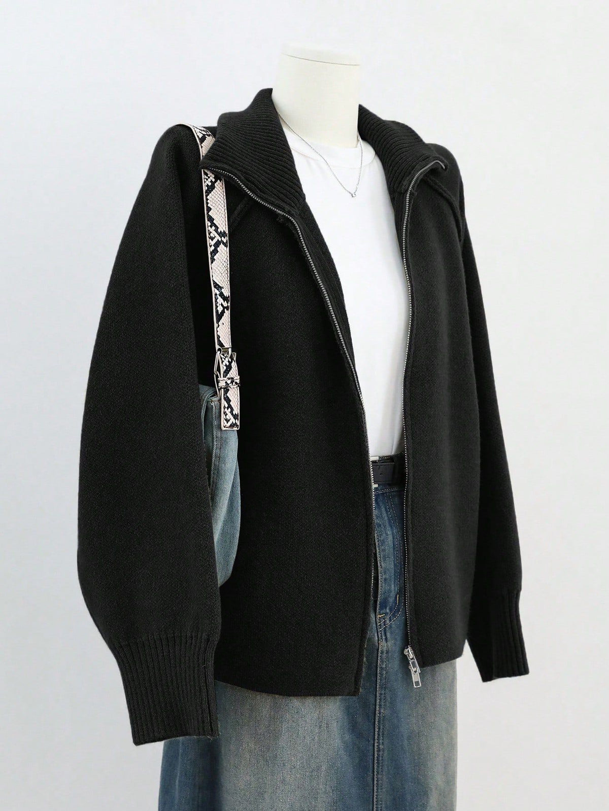 Solid Color Stand Collar Zipper Knitted Cardigan Top