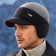 Men's Winter Lined Thick Knit Hat with Ear Flaps and Color‑Block Sun Visor – Cold‑Weather Outdoor Travel