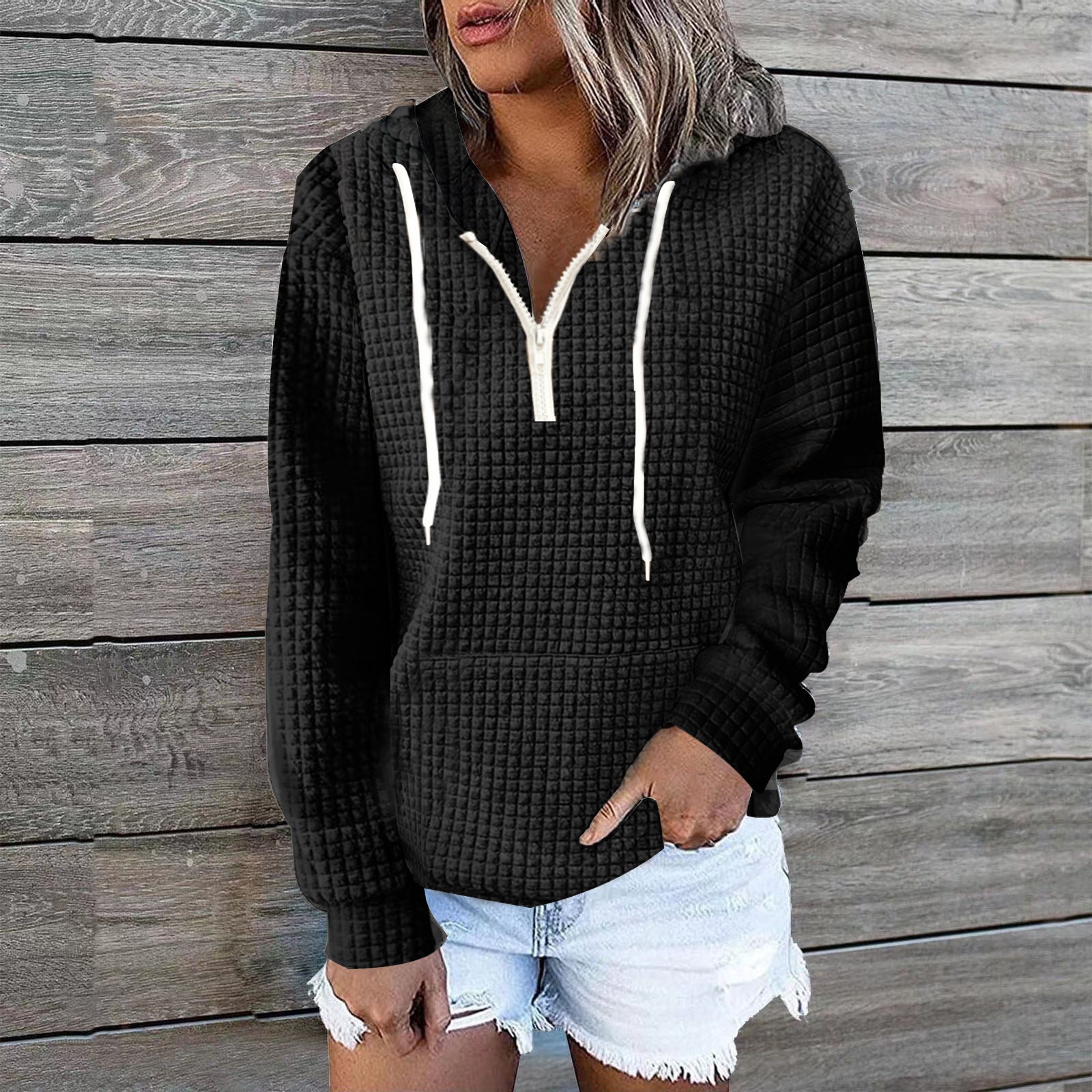 Women's Cozy Waffle Knit Hoodie Casual Sweatshirt Coat