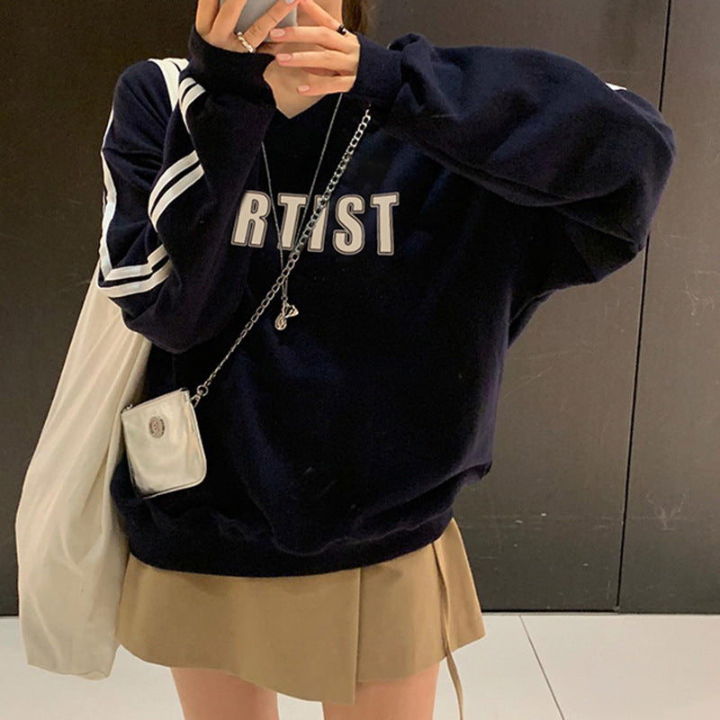 Women's Striped V-Neck Patchwork Pullover Sweater