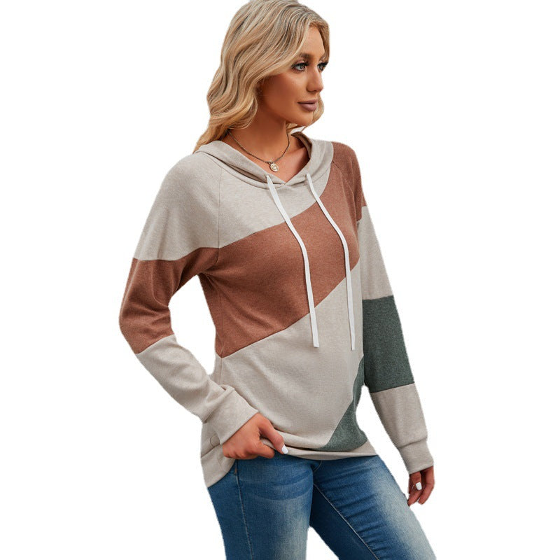 New Ins Personality Contrast Panel Loose Hooded Sweatshirt