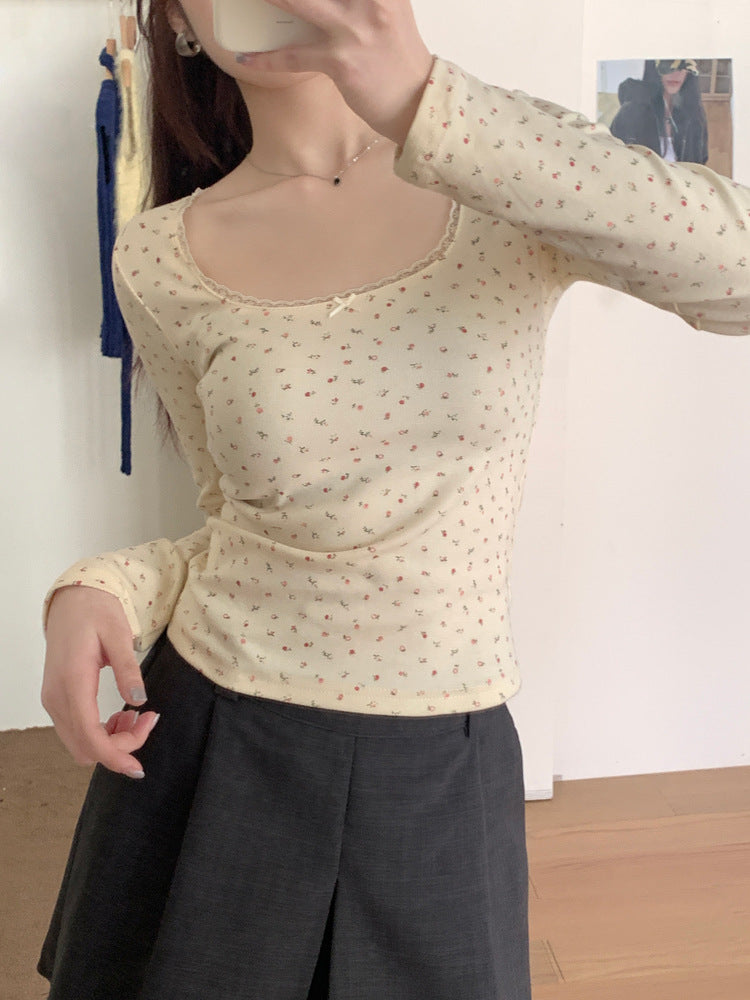 Floral Lace Long Sleeve Slim Crop Top