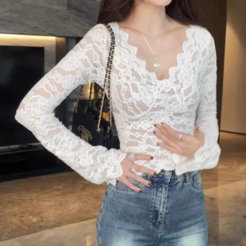 V-neck Lace Ribbon Chest Pad White Long Sleeve Bottoming Shirt