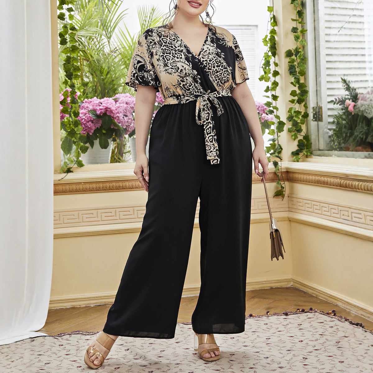 Plus-Size Floral Patchwork Wide-Leg Jumpsuit