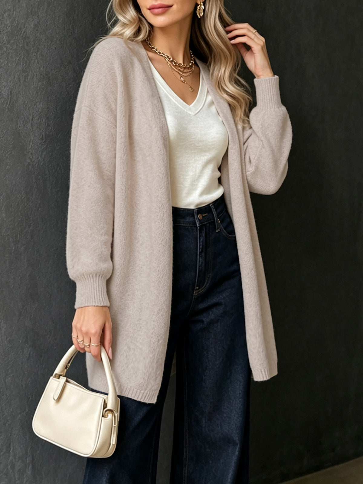 Casual Oversized Long Sleeve Knit Cardigan, Women Soft Deer Fleece Mid-length Open Front Sweater Outwear for Spring Fall