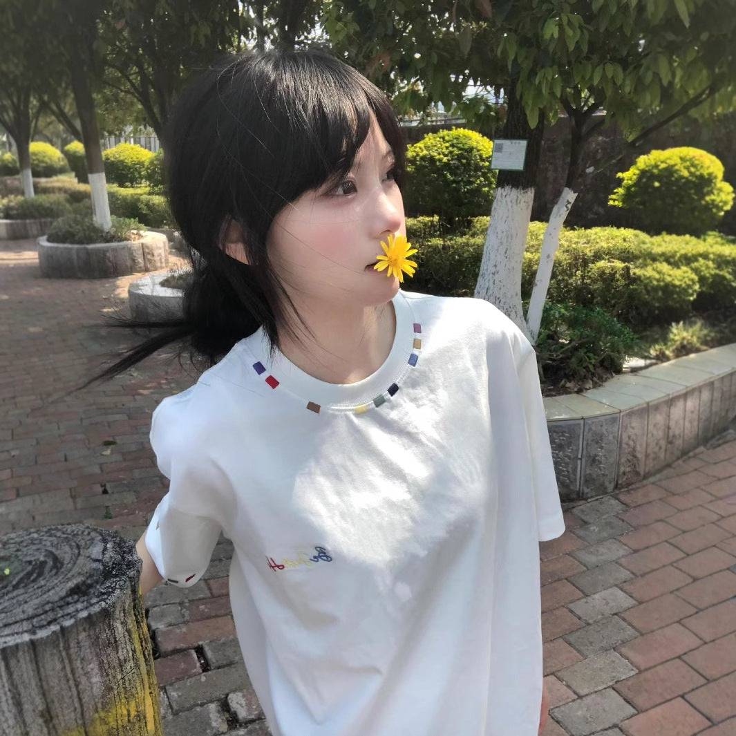 High-street Colorful Embroidered Off-shoulder T-shirt