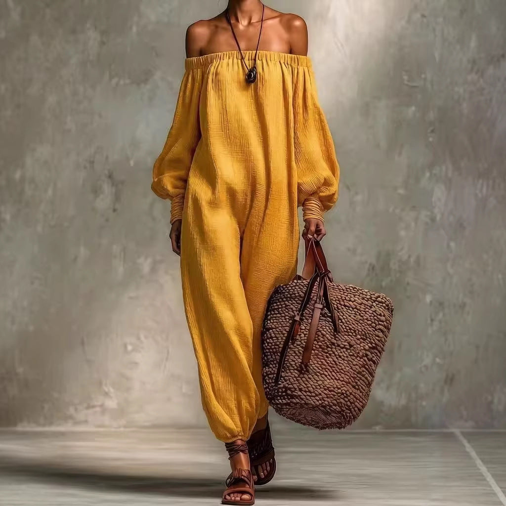 Summer Solid Colored Cotton Linen Off Shoulder Jumpsuit Harem Pants