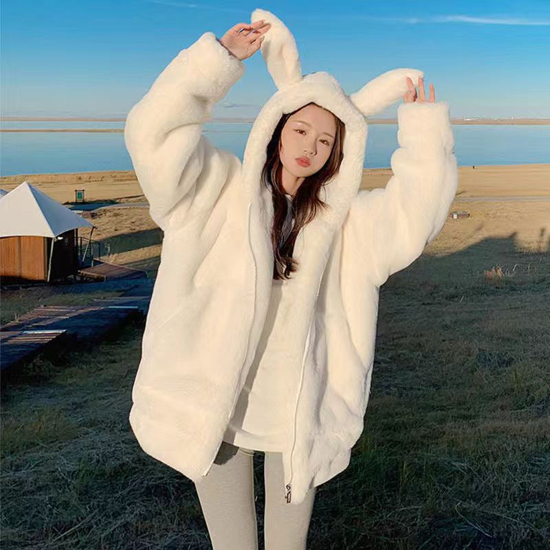 Plush Fleece Rabbit Ear Zip Hoodie for Women