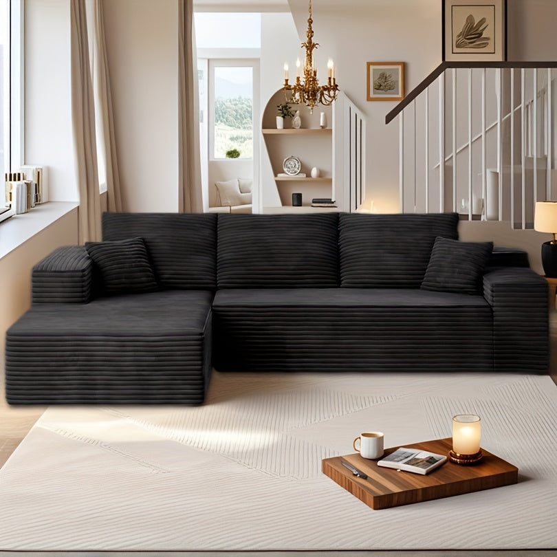 Modular L-shaped chaise longue sofa bed with deep seat and corduroy upholstery