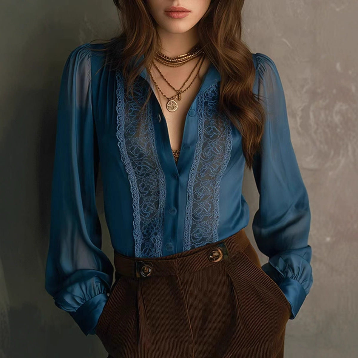 Womens Lace-Patched Ruffle-Neck Puff-Sleeve Shirt