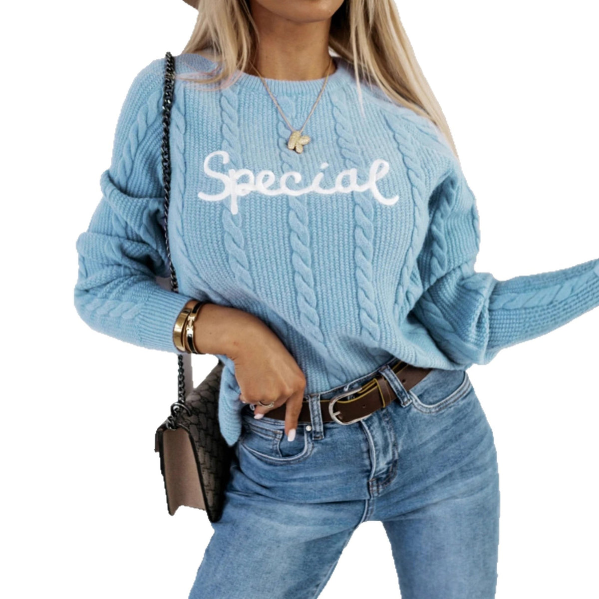 Leisure Pullover Letters Embroidered Crew Neck Knitwear