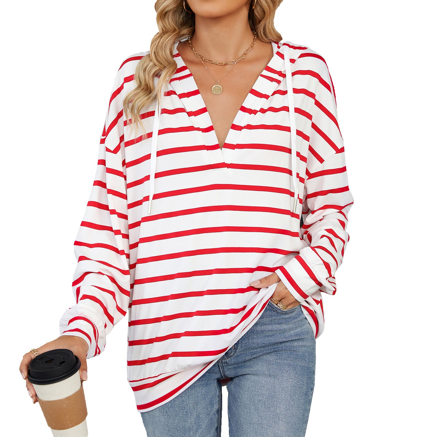 Women's Striped Drawstring Long Sleeve Hoodie Sweatshirt