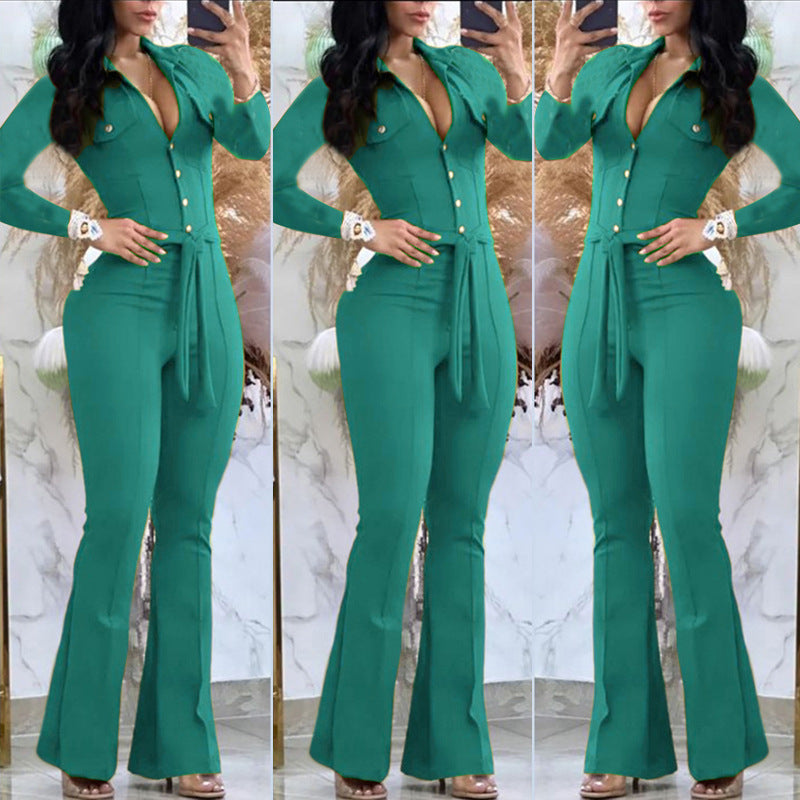 Autumn And Winter Button Lapel Slightly Flared Workwear Bag Jumpsuit Containing Belt