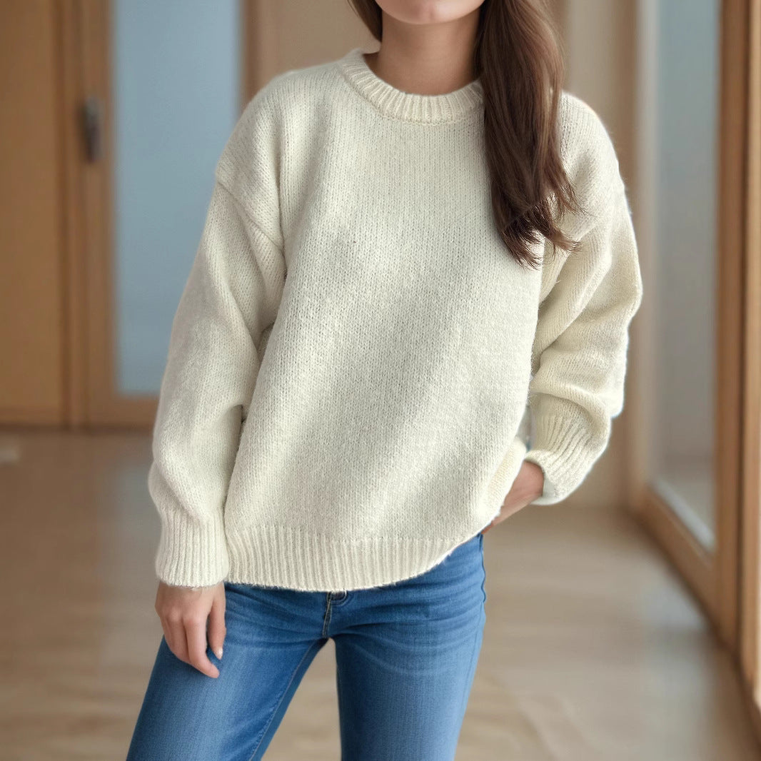 Womens Loose-fitting Crew-neck Sweater for Fall and Winter