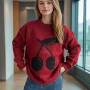 Cherry Jacquard Women's Sweater Round Neck Loose Sweater Idle Style