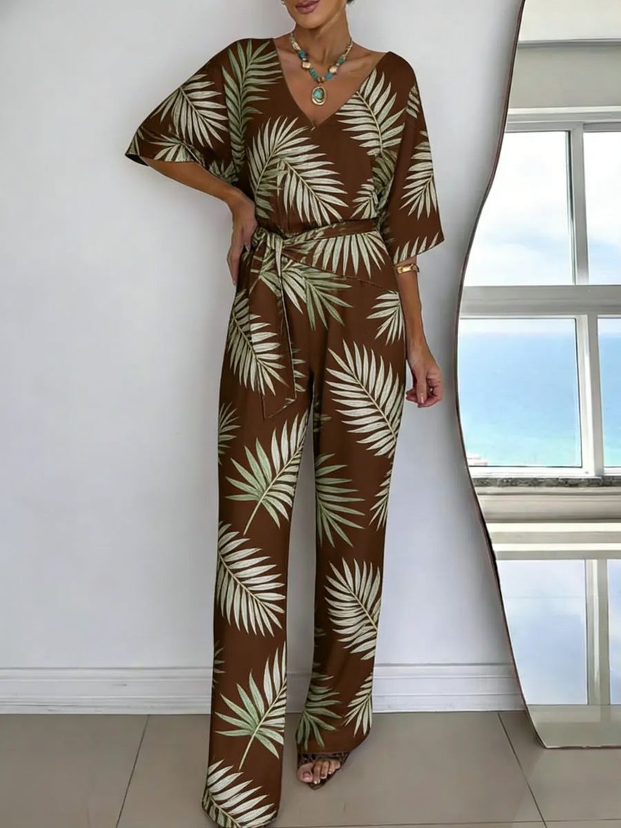 Womens V-neck Casual Mid-length Sleeve Belted Jumpsuit