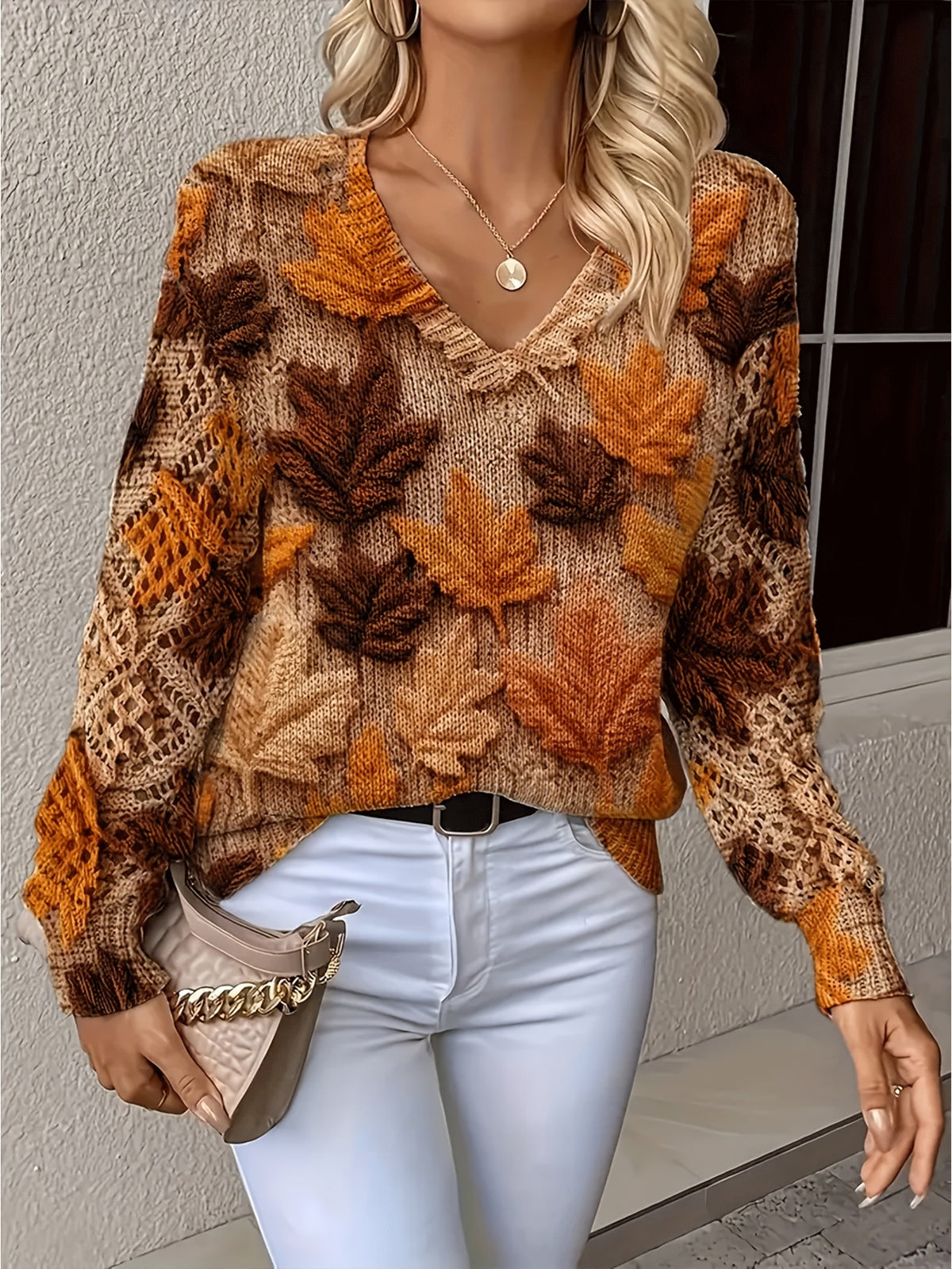 Elegant Bohemian Floral V-neck Long Sleeve Fashion Printed Sweater
