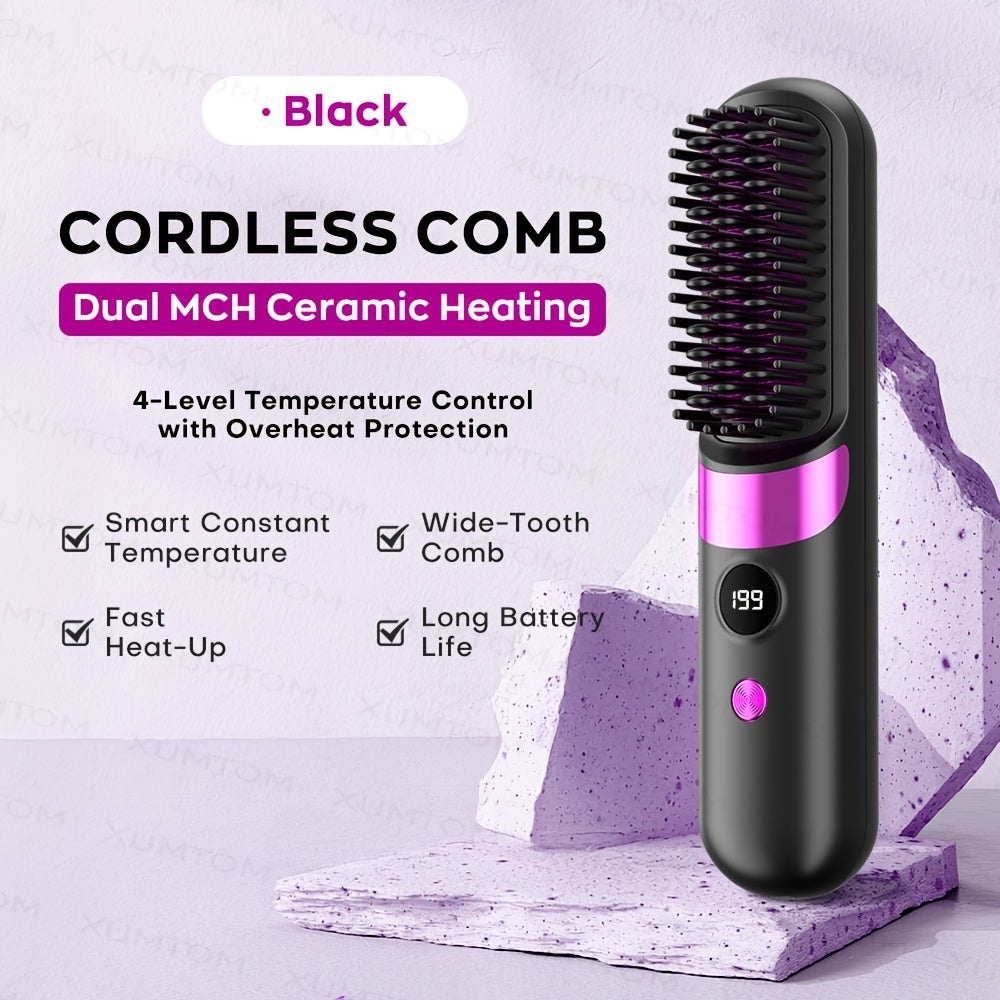 Multifunctional Hair Straightener and Curling Brush with 4-Temperature Settings