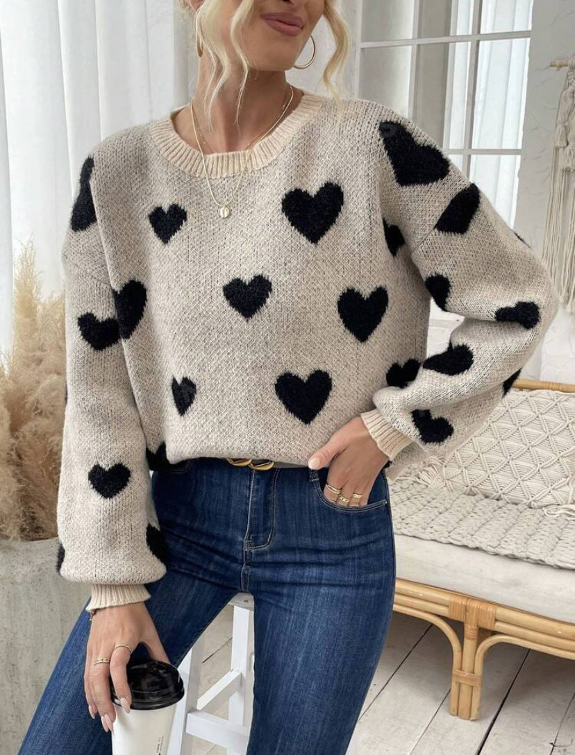 Round Neck Pullover All-matching Love Contrast Color Loose Casual Knitted Long Sleeve
