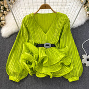 Lantern Long Sleeve V-neck Loose Belly-covering Waist Ruffle Hem Pullover Shirt