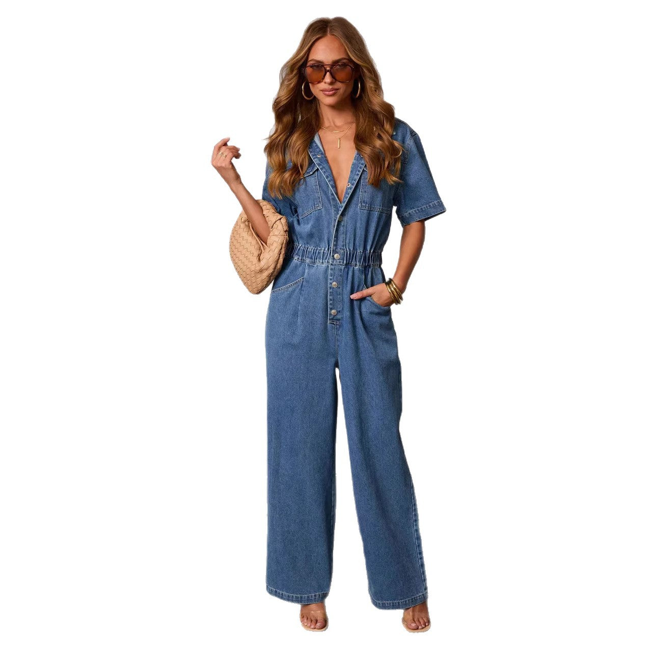 Casual Loose Straight-Leg Denim Jumpsuit