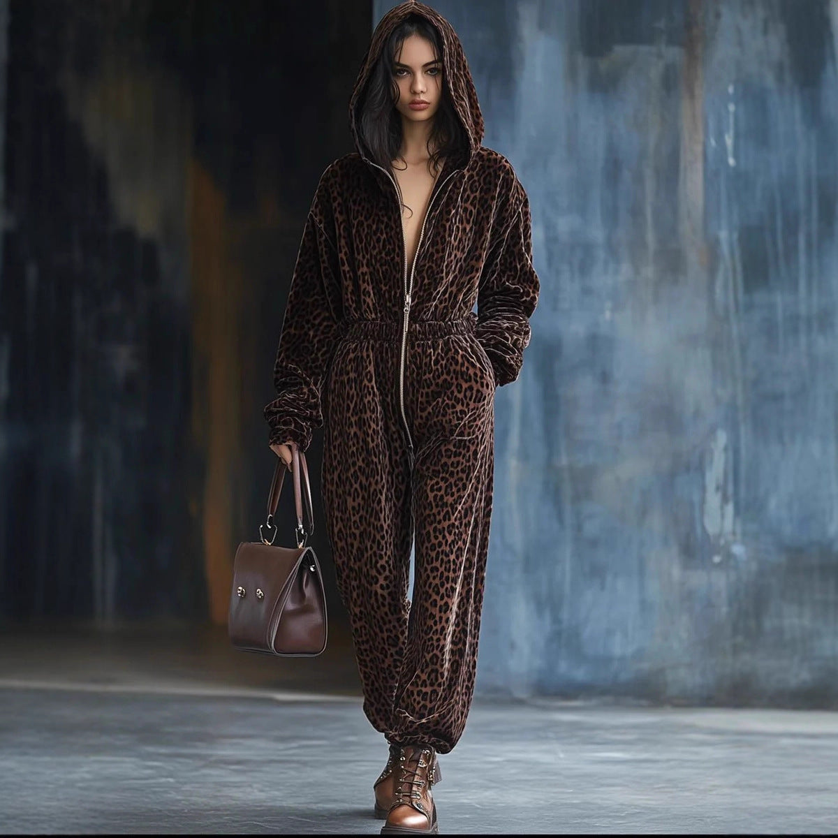Leopard Print Hooded Long Sleeve Jumpsuit