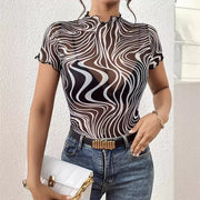 Floral Mesh Top with Ruffle Trim – Elegant Short‑Sleeve Women's Shirt