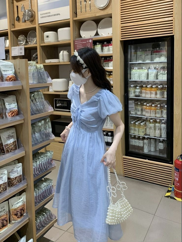 French-style Bohemian Lace-up V-neck Blue Puff-sleeve Dress
