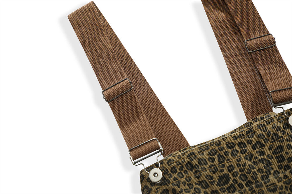 Men's High Street Leopard Print Denim Suspender Pants
