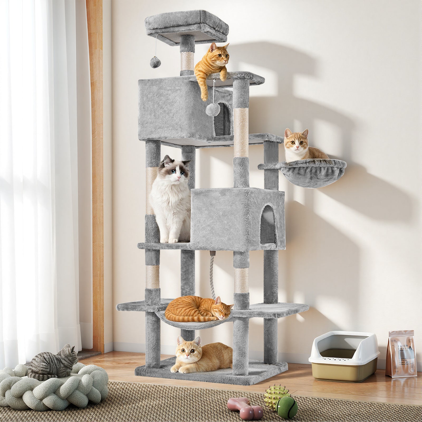 JHK Large 66-inch Multi-cat Tree Tower With Condo & Hammock - Durable Sisal Scratching Posts, Platforms & Pet House For Indoor Cat Play And Relaxation, Gray/light Gray/beige