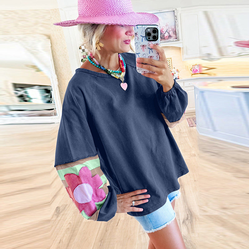 Women's Floral Contrast Color Loose Pullover Sweater