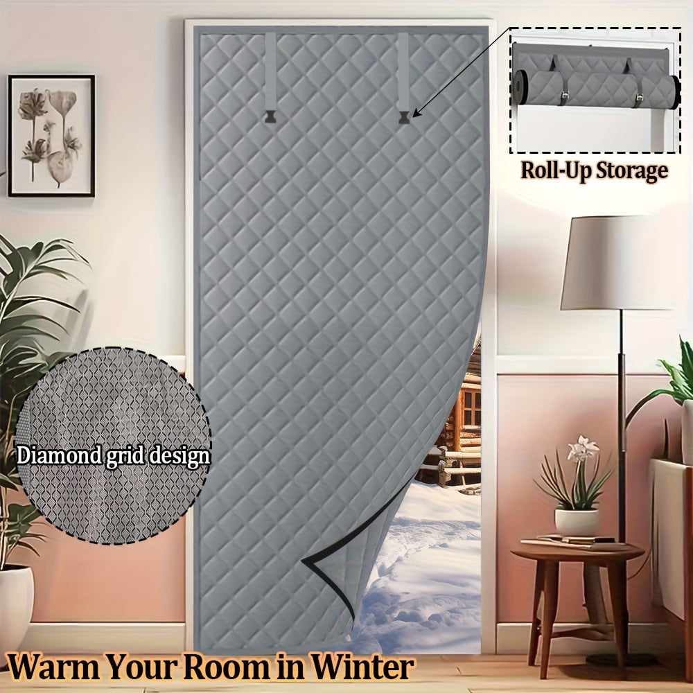Thick Diamond Quilted Thermal Insulated Door Curtain, Windproof Cold Block Door Drape with Roll Up Buckle, Punch & Adhesive 2 Installation Ways Energy Saving Door Cover for Home Balcony Courtyard Gara
