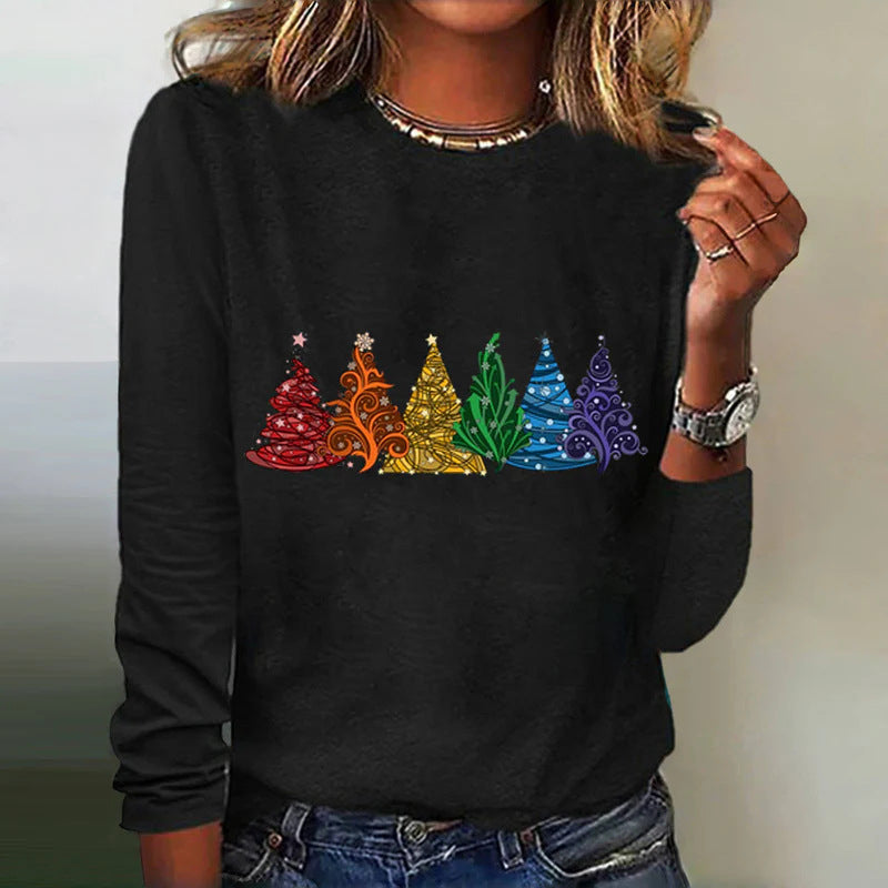 Festive Christmas Tree Print Long-Sleeve Casual Tee