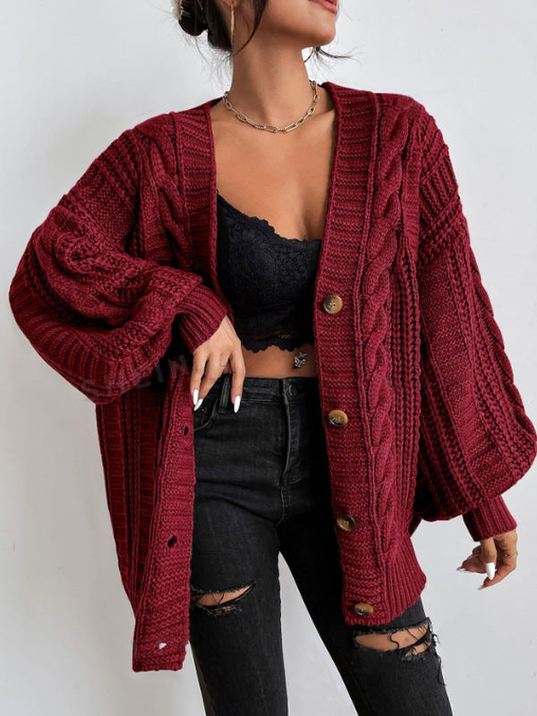 V-neck Sweater Women's Retro Fashion Loose Twist Knitted Coat