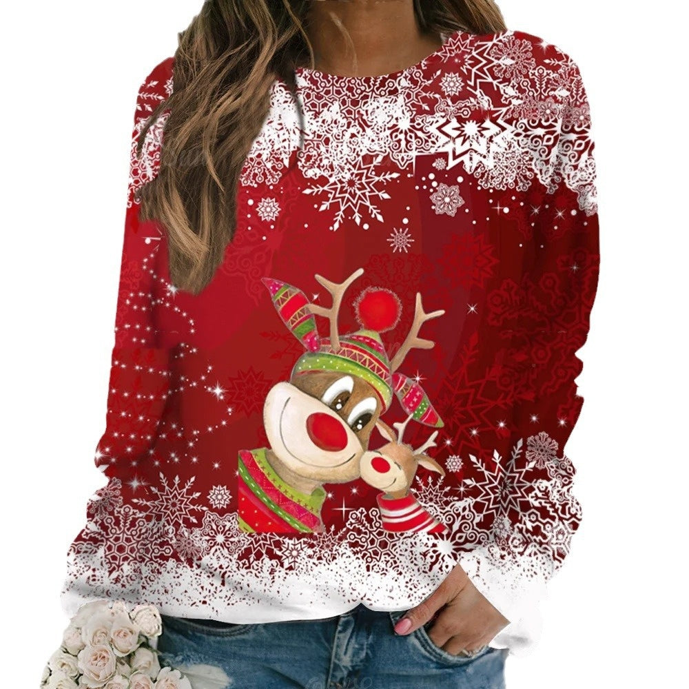 Women's 3D Cartoon Elk Print Loose Long Sleeve Sweatshirt