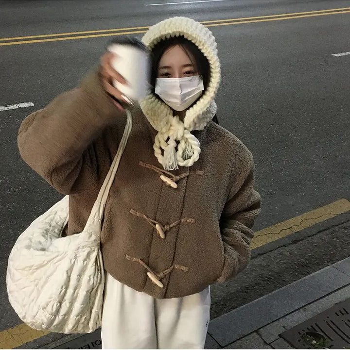 Women's Cozy Furry Winter Coat with Horn Buttons