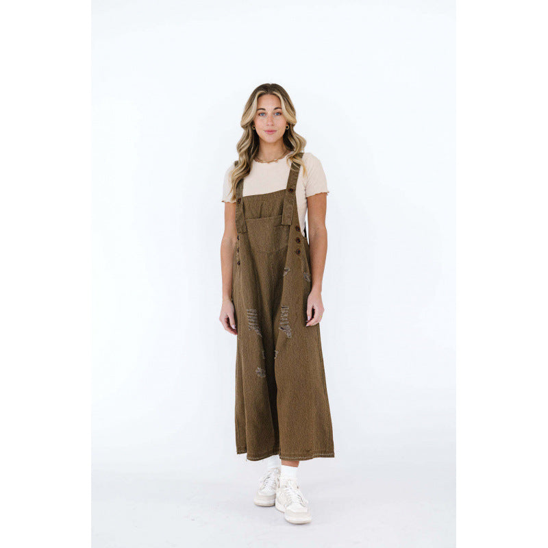 Vintage Distressed Wide-Leg Denim Suspender Pants