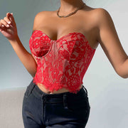 Lace Flower Crop Top – Ultra‑Short, Slim Fit, Apricot/Black/Red