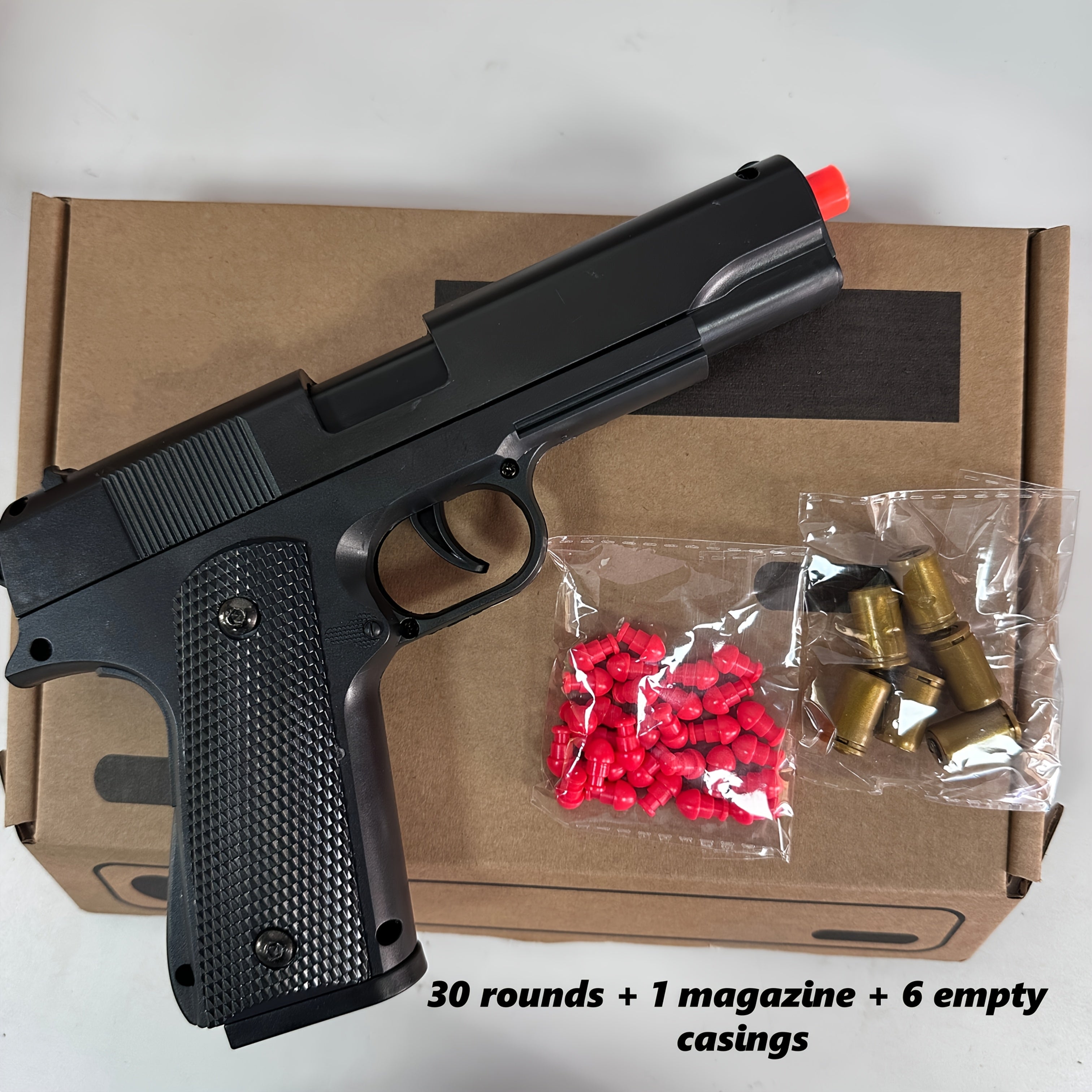 Semi-Automatic Toy Pistol with Cartridge Ejection, Auto-Recovery, 30 Rounds, 1 Magazine and 6 Empty Casings