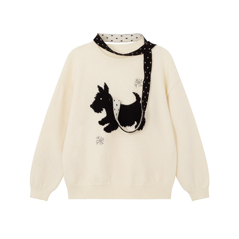 Womens Puppy Jacquard Embroidery Pullover Sweater