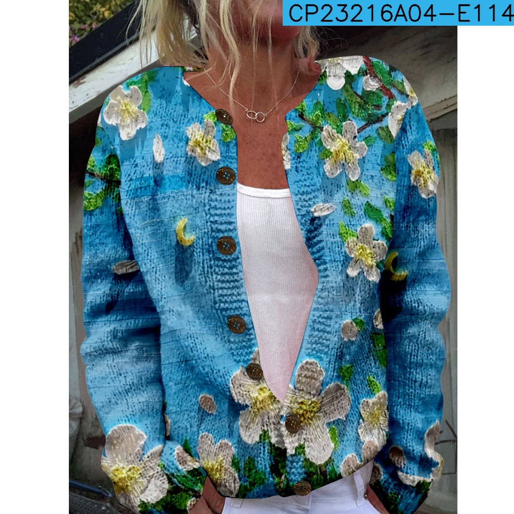New Women's Autumn and Winter Style Loose 3d Printed Knitted Cardigan Sweater