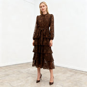 New Round-neck Long-sleeved Waist-cinching Lace-embroidered Dress That Flatters the