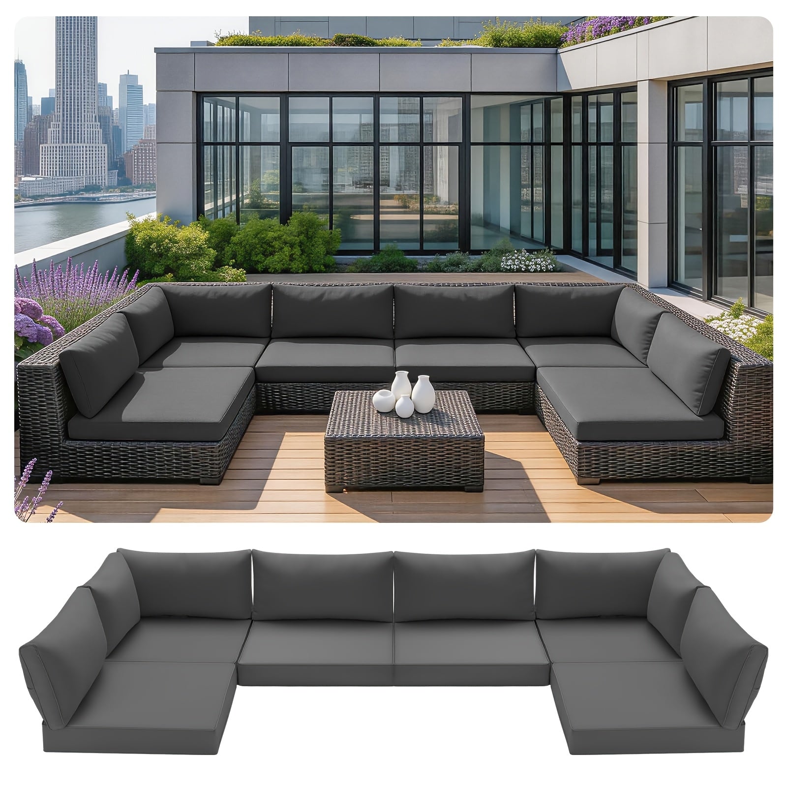 4 Inch Thick, Comfortable, Soft, Deep-seated Outdoor Terrace Furniture Cushion Replacement 8pcs Set | Solid Color, Dark Gray, Non-slip, All-weather Anti-ultraviolet Fading, Antifouling And Waterproof Sofa Cushion