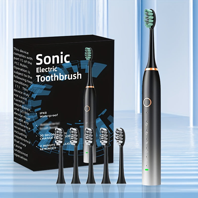 IPX8 Sonic Electric Toothbrush with USB Charging, 5 Replacement Heads and Smart Timer