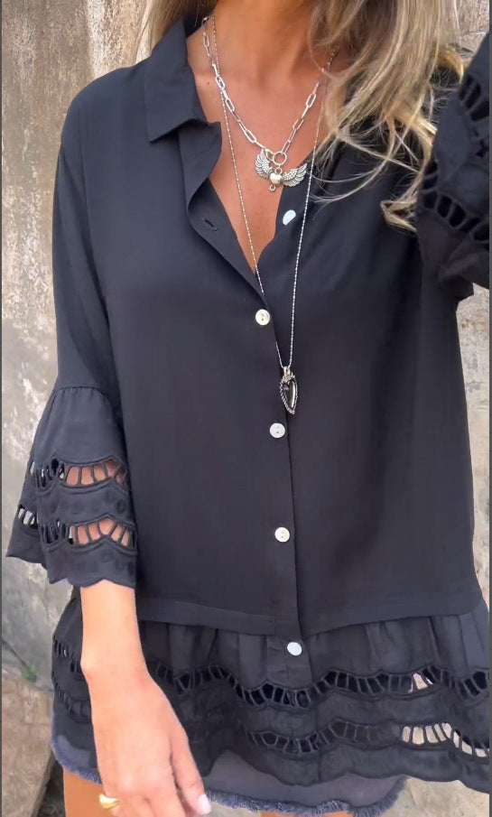 Lapel Long Sleeve Lace Ruffles Lotus Leaf Loose Shirt