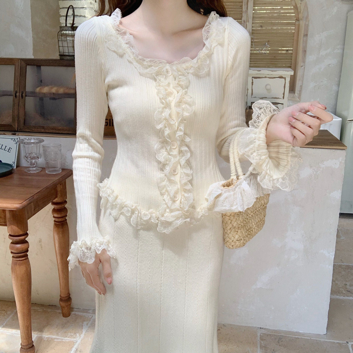 Women's Lace Patchwork Black Fungus Edge Knitted Cardigan Jacket