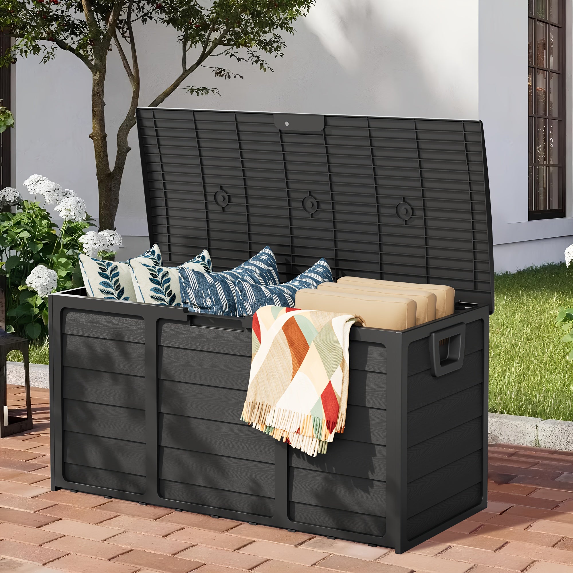 75-Gallon Outdoor Storage Box with Handles, Resin Deck Box for Garden Tools & Pool Accessories