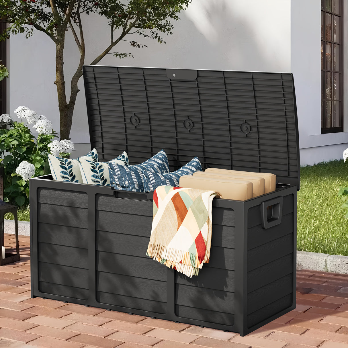 75 Gallon Resin Outdoor Storage Box with Handles, Deck Box with Handles for Pool Accessories, Garden Tools, Camping Gear, Holiday Gift, Easy to Assemble, Box,Cabinet,Rack for Outdoor Storage