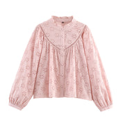 Women's Fashionable Casual Loose Long-Sleeve Hollow-Out Embroidered Shirt