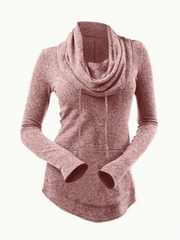 Solid Color Cowl Neck T-shirt, Casual Pocket Long Sleeve T-Shirt